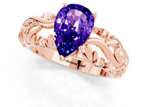 Rose gold Pear Cut Solitaire Tanzanite Leaf-Inspired Vine Band Ring with Prong Setting_1