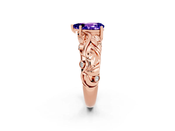 Rose gold Pear Cut Solitaire Tanzanite Leaf-Inspired Vine Band Ring with Prong Setting