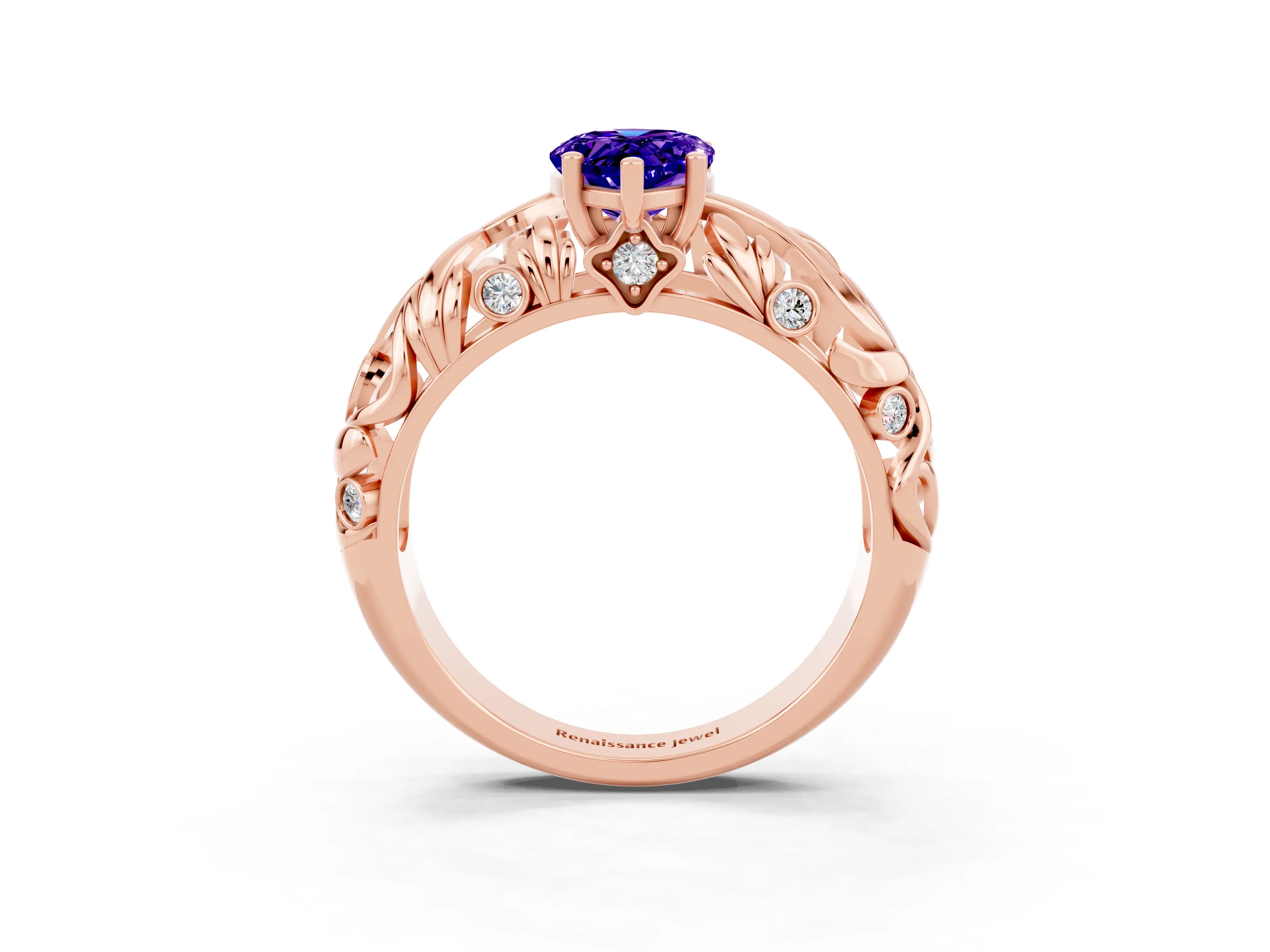Rose gold Pear Cut Solitaire Tanzanite Leaf-Inspired Vine Band Ring with Prong Setting_3