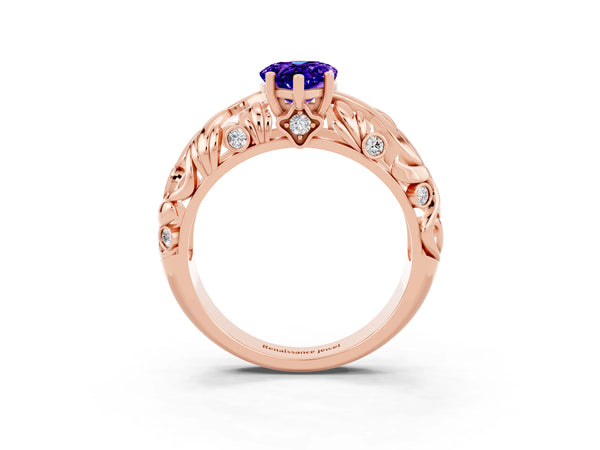 Rose gold Pear Cut Solitaire Tanzanite Leaf-Inspired Vine Band Ring with Prong Setting