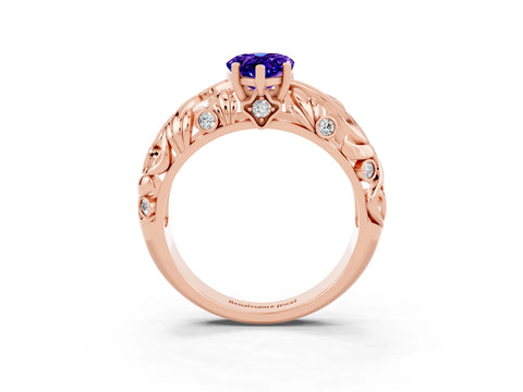 Rose gold Pear Cut Solitaire Tanzanite Leaf-Inspired Vine Band Ring with Prong Setting_3