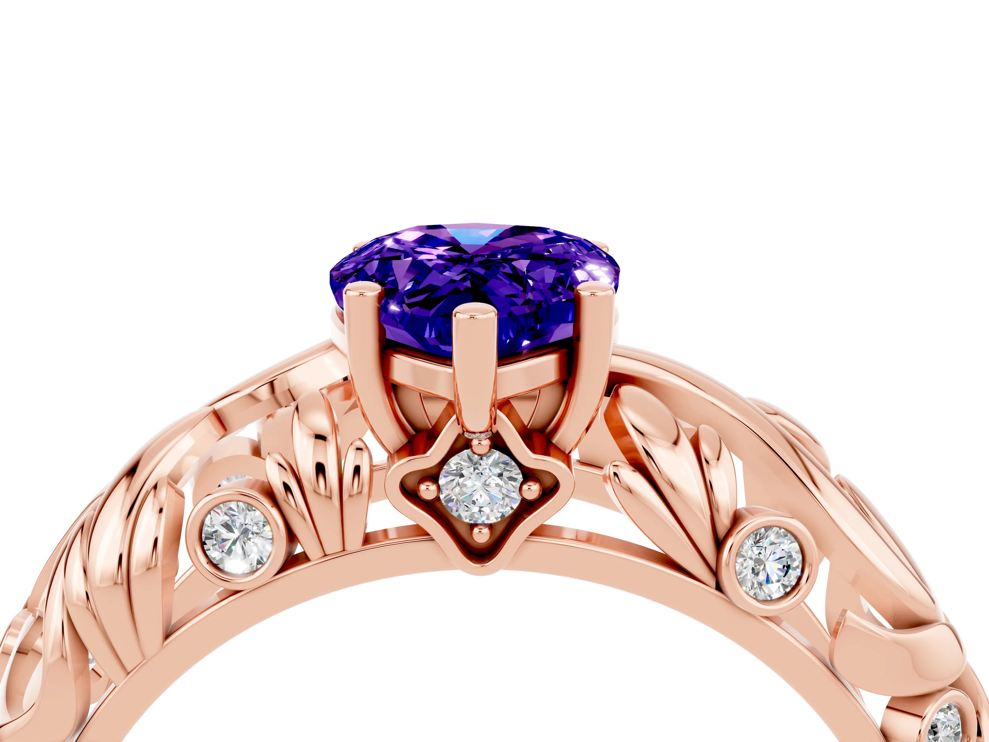 Rose gold Pear Cut Solitaire Tanzanite Leaf-Inspired Vine Band Ring with Prong Setting_4
