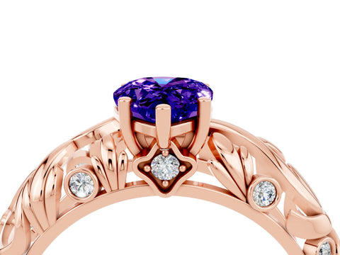 Rose gold Pear Cut Solitaire Tanzanite Leaf-Inspired Vine Band Ring with Prong Setting_4