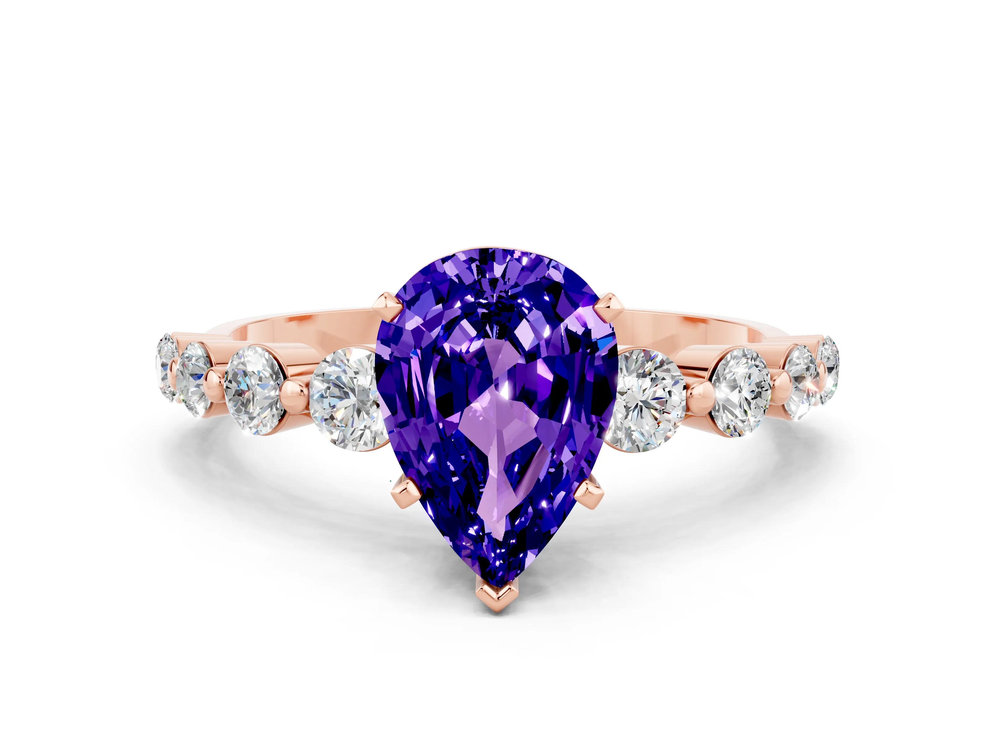 Rose gold Pear Cut Solitaire Tanzanite Ring with Pave Band and Four-Prong Setting