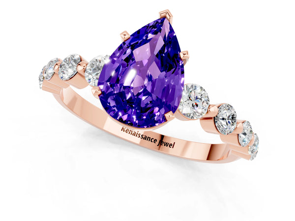 Rose gold Pear Cut Solitaire Tanzanite Ring with Pave Band and Four-Prong Setting