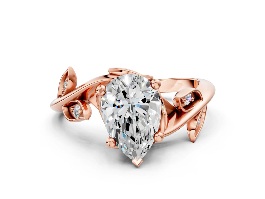 Rose gold Pear Cut Solitaire Twist Engagement Ring with Leaf Accents and Prong Setting_15