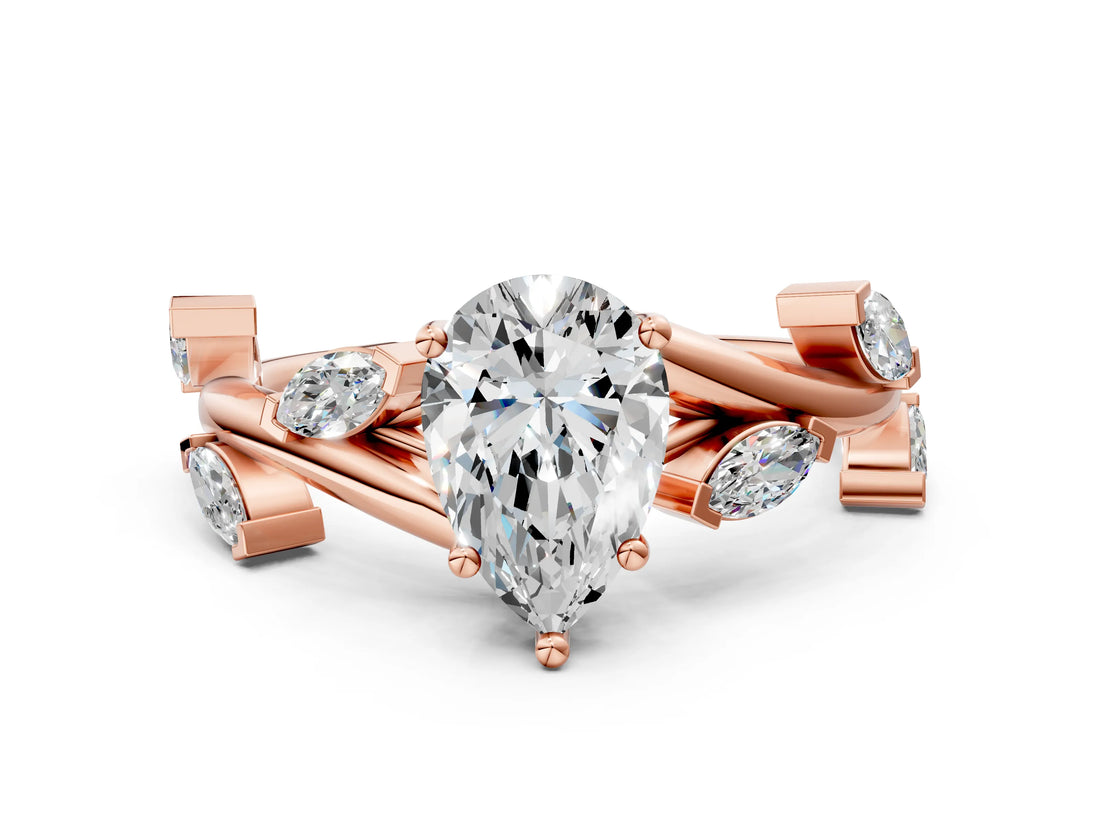 Rose gold Pear Cut Solitaire Twisted Band Marquise Accent Prong Setting Ring_3