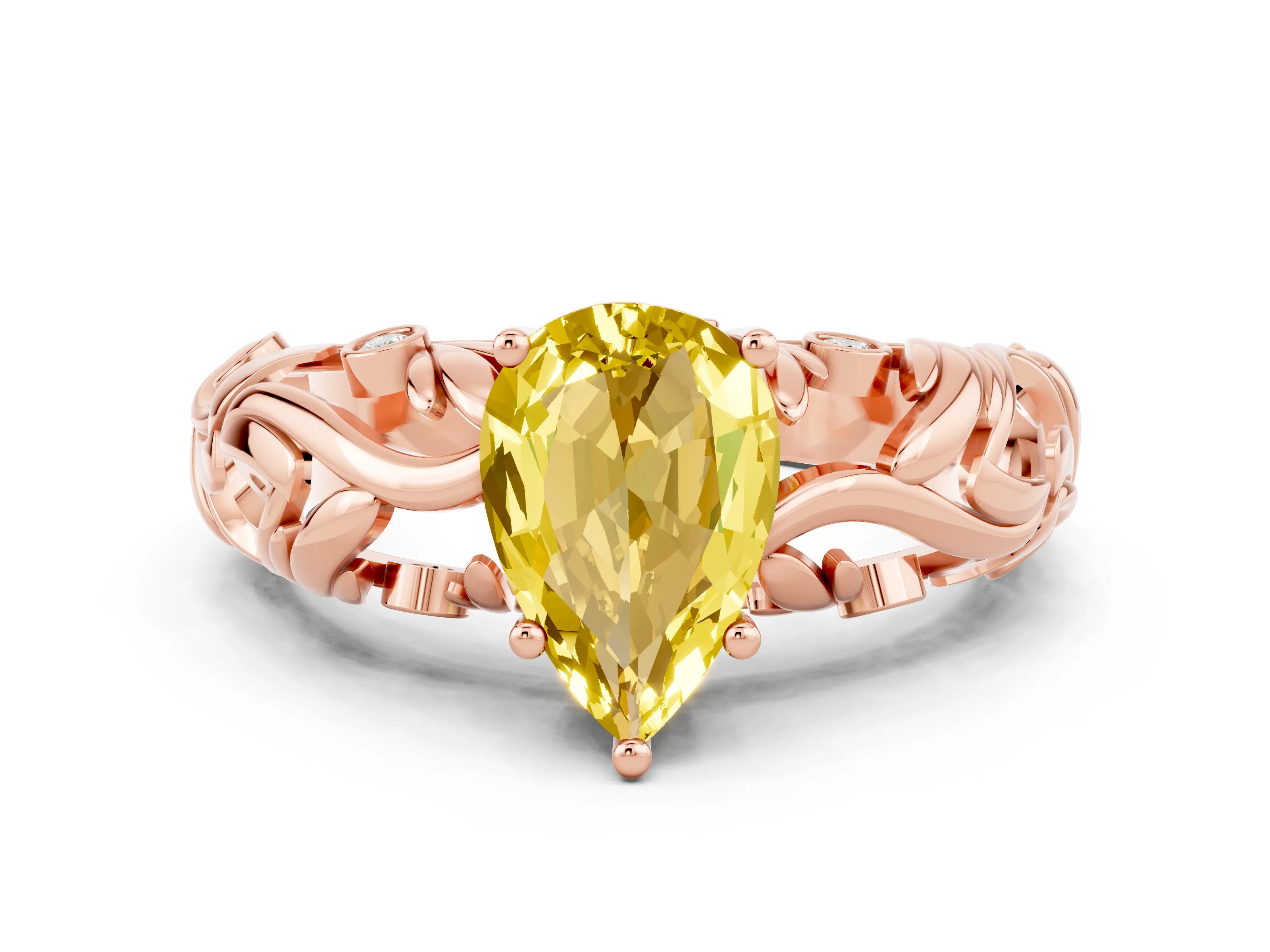 Rose gold Pear Cut Solitaire Yellow Sapphire Leaf-Inspired Vine Band Ring with Prong Setting_24