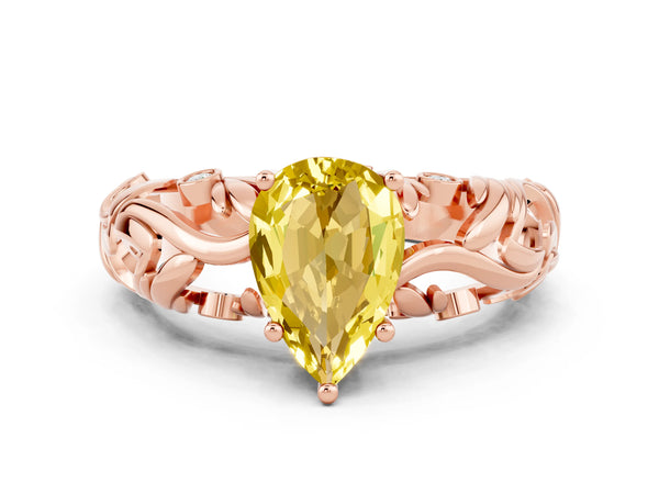Rose gold Pear Cut Solitaire Yellow Sapphire Leaf-Inspired Vine Band Ring with Prong Setting