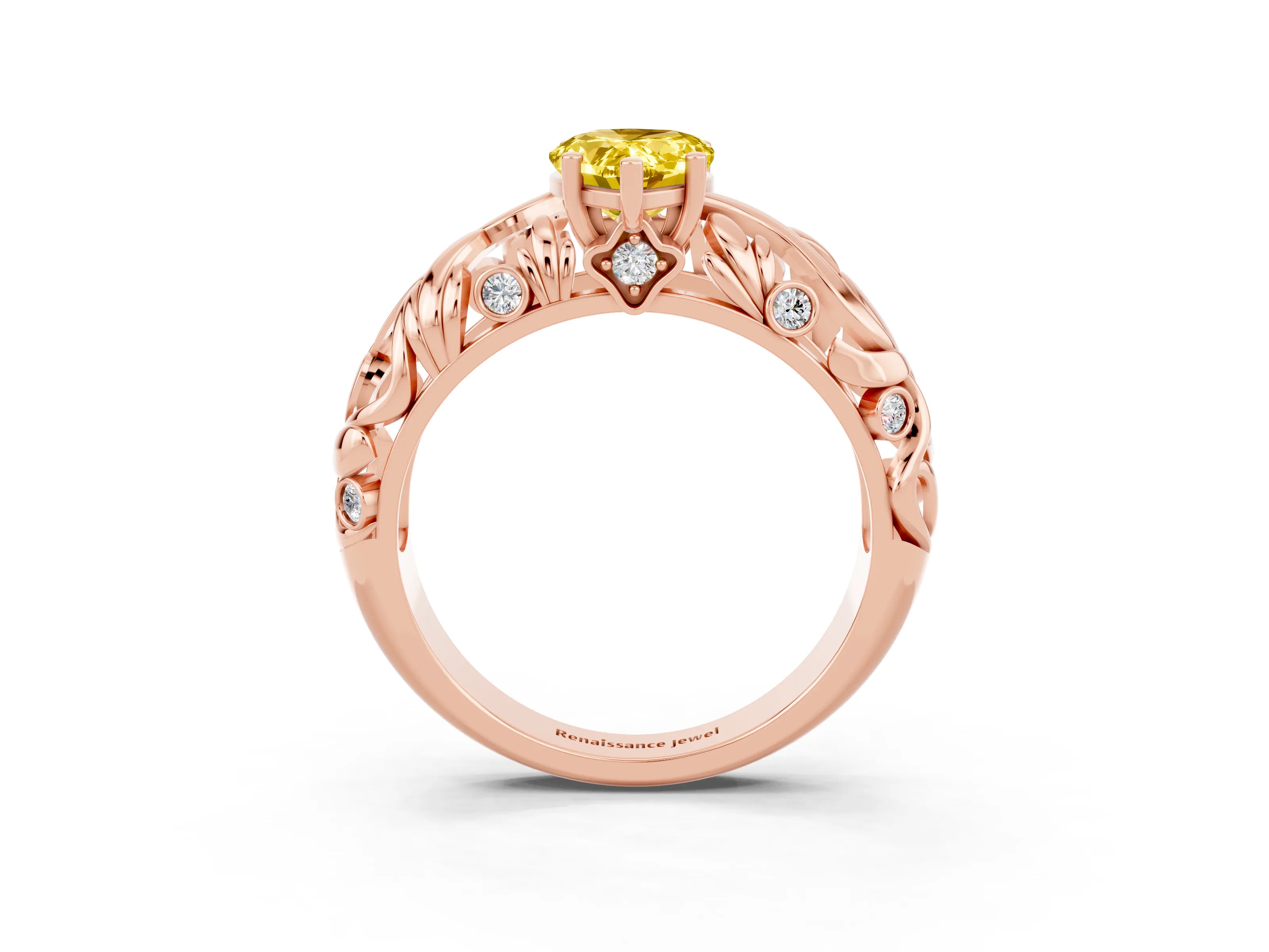 Rose gold Pear Cut Solitaire Yellow Sapphire Leaf-Inspired Vine Band Ring with Prong Setting_27