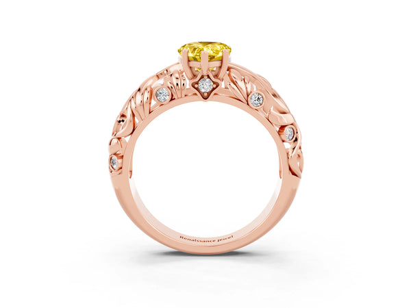Rose gold Pear Cut Solitaire Yellow Sapphire Leaf-Inspired Vine Band Ring with Prong Setting