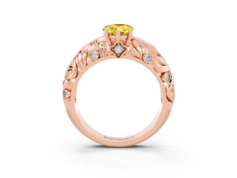 Rose gold Pear Cut Solitaire Yellow Sapphire Leaf-Inspired Vine Band Ring with Prong Setting_27