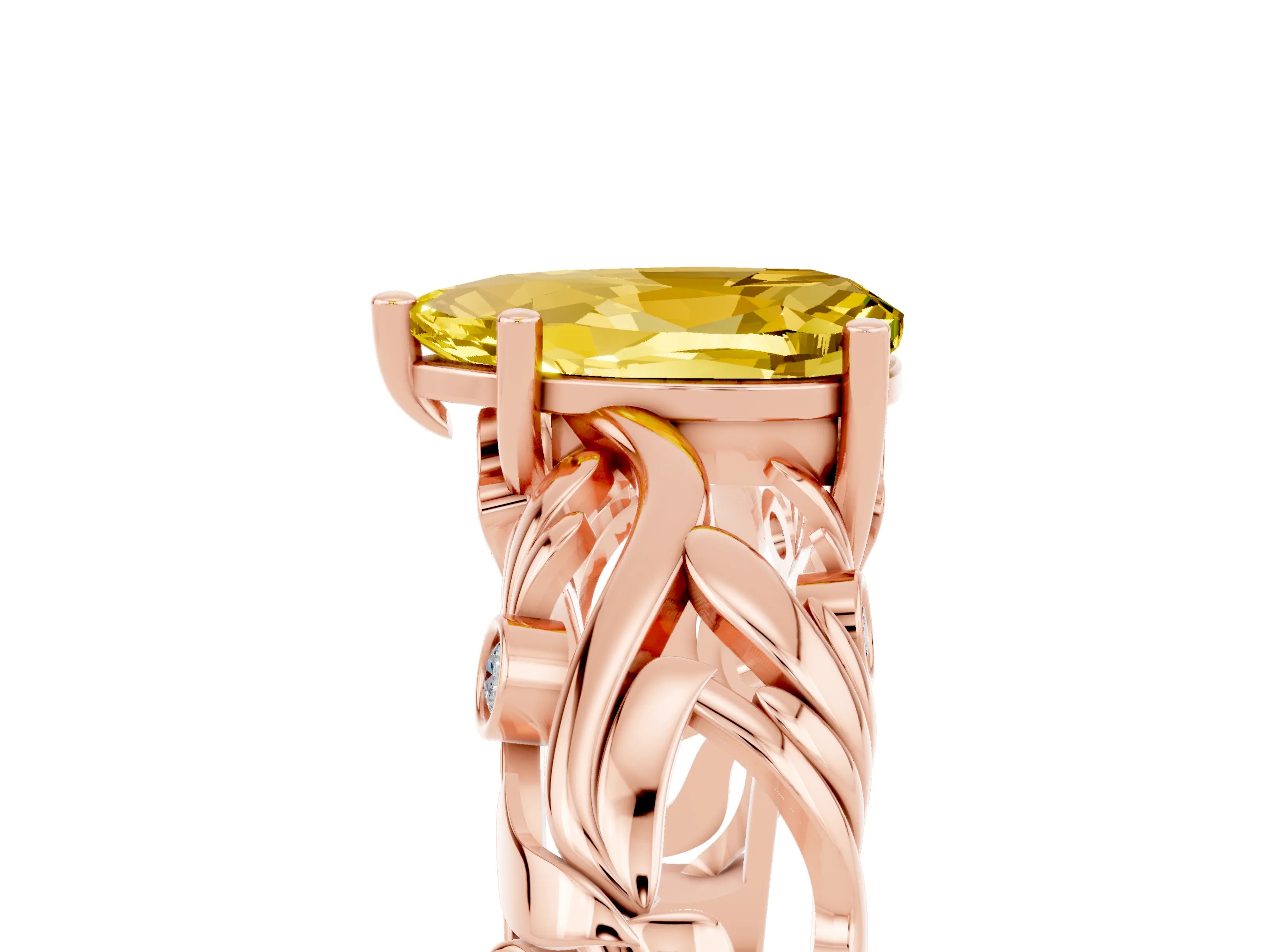 Rose gold Pear Cut Solitaire Yellow Sapphire Leaf-Inspired Vine Band Ring with Prong Setting_29