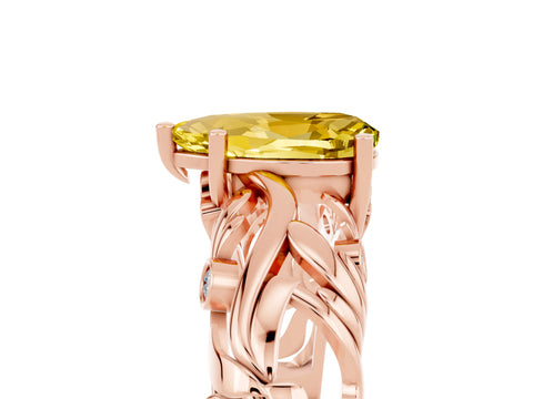 Rose gold Pear Cut Solitaire Yellow Sapphire Leaf-Inspired Vine Band Ring with Prong Setting_29