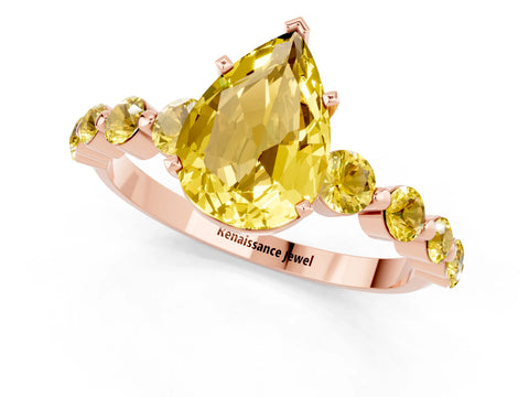 Rose gold Pear Cut Solitaire Yellow Sapphire Ring with Pave Band and Four-Prong Setting_1