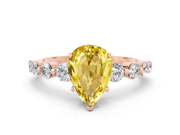 Rose gold Pear Cut Solitaire Yellow Sapphire Ring with Pave Band and Four-Prong Setting
