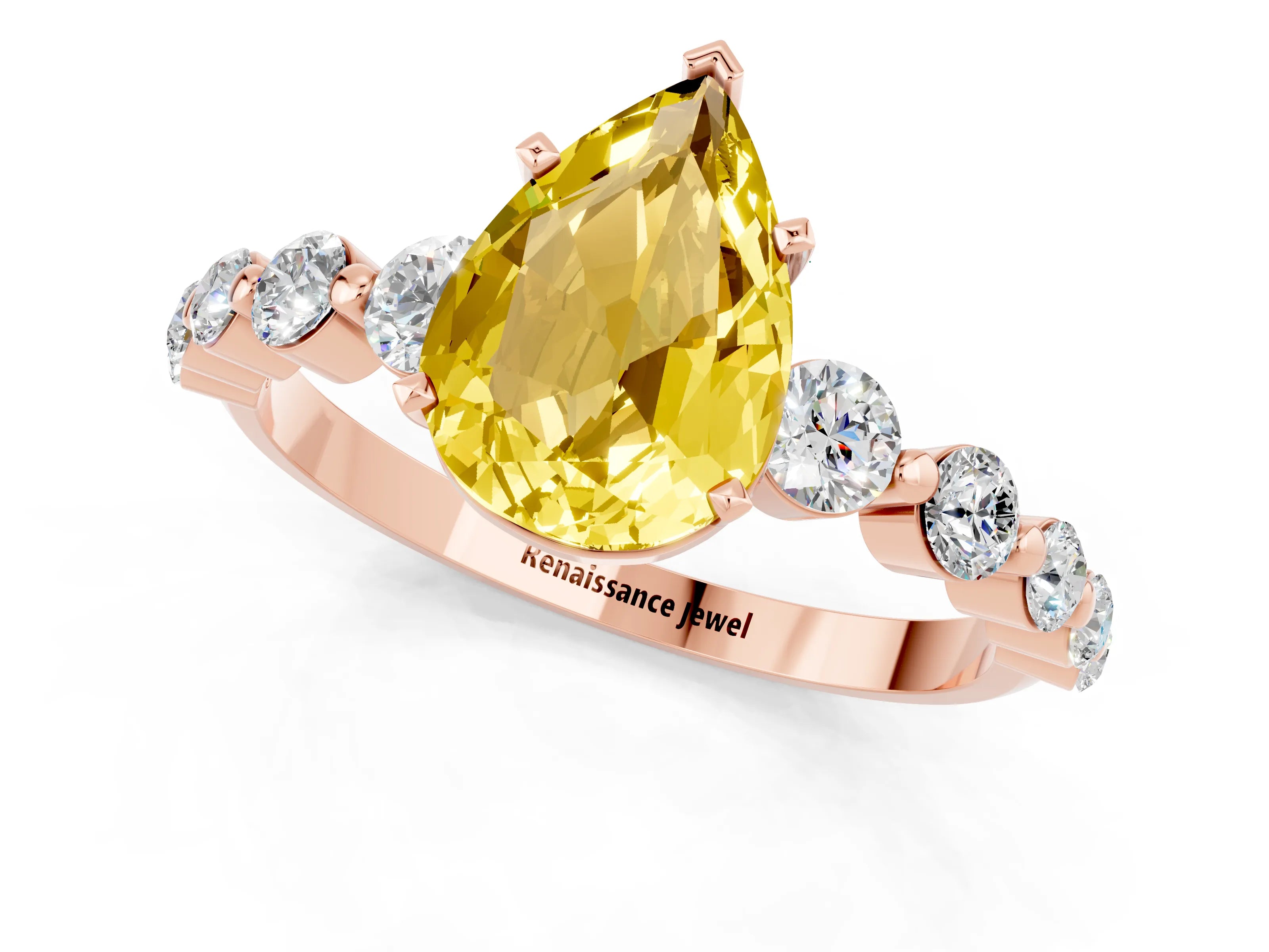Rose gold Pear Cut Solitaire Yellow Sapphire Ring with Pave Band and Four-Prong Setting_25