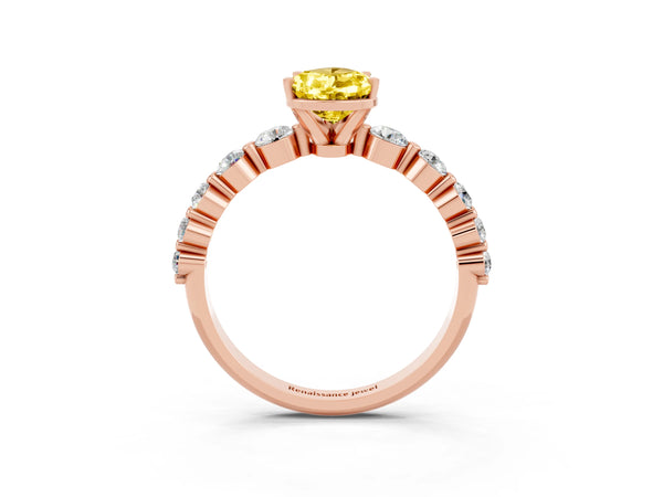 Rose gold Pear Cut Solitaire Yellow Sapphire Ring with Pave Band and Four-Prong Setting
