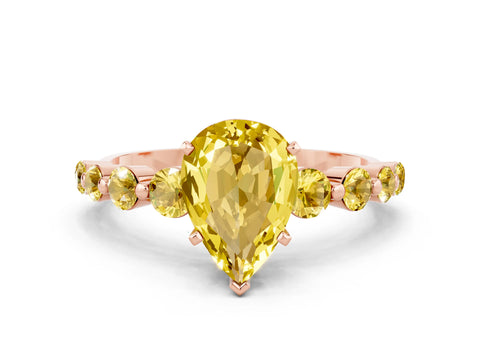Rose gold Pear Cut Solitaire Yellow Sapphire Ring with Pave Band and Four-Prong Setting