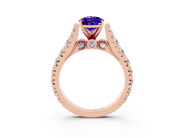 Rose gold Pear Cut Tanzanite Classic Solitaire Ring with Pavé Band and Four-Prong Setting