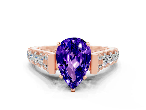 Rose gold Pear Cut Tanzanite Classic Solitaire Ring with Pavé Band and Four-Prong Setting
