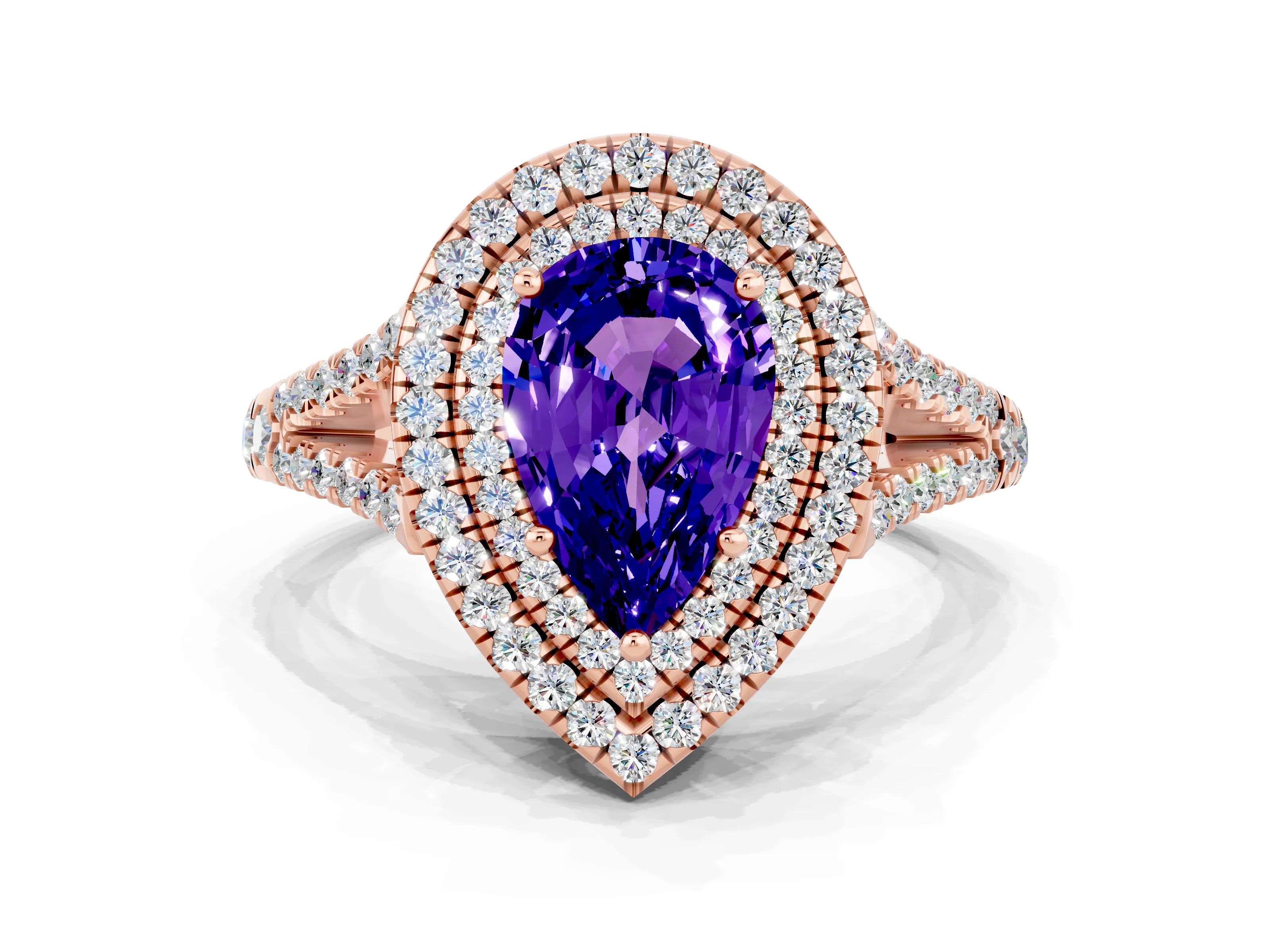 Rose gold Pear Cut Tanzanite Double Halo Ring with Pavé Band and Prong Setting_24
