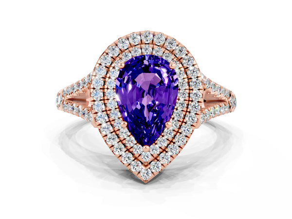 Rose gold Pear Cut Tanzanite Double Halo Ring with Pavé Band and Prong Setting