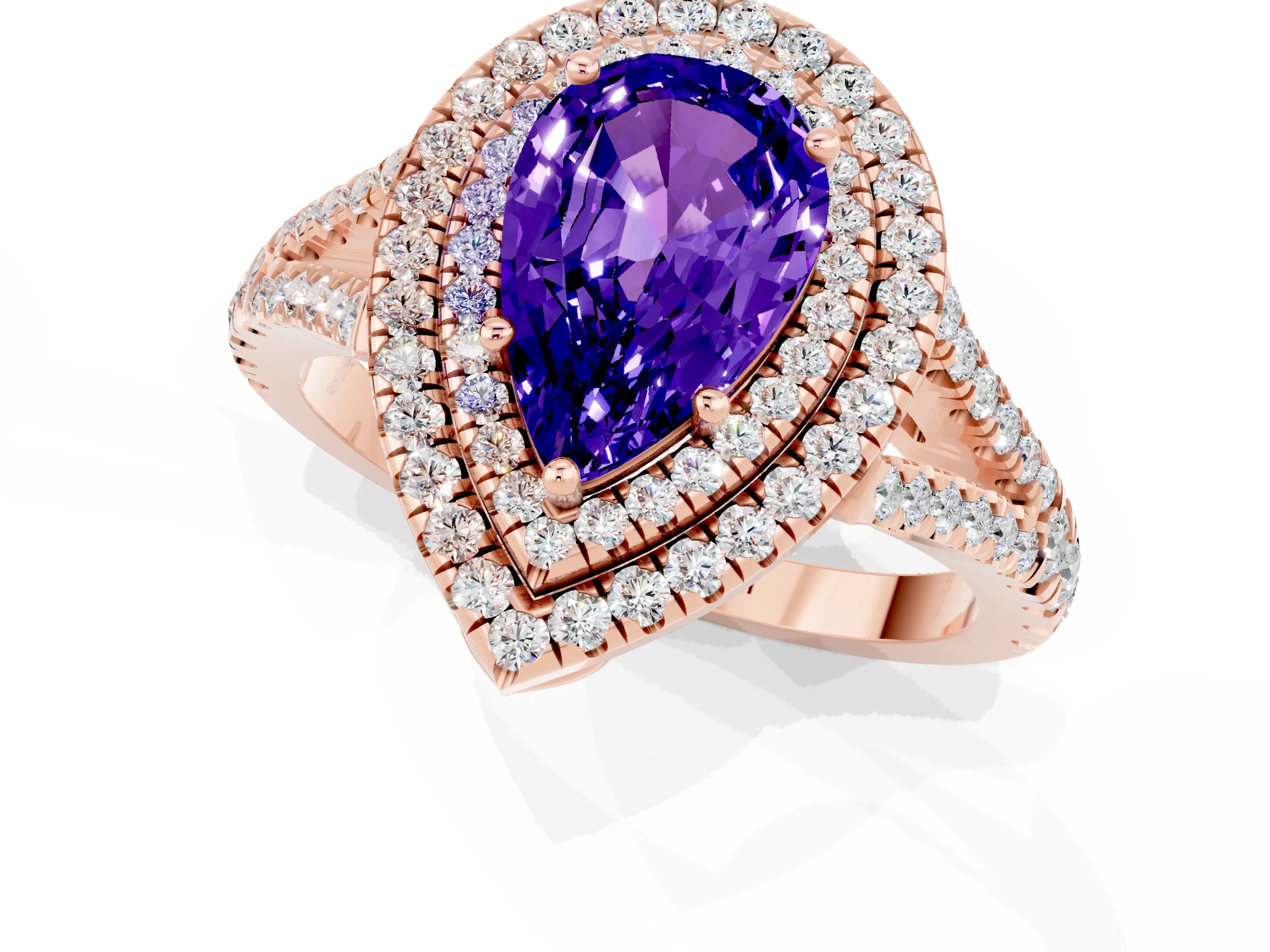 Rose gold Pear Cut Tanzanite Double Halo Ring with Pavé Band and Prong Setting_25
