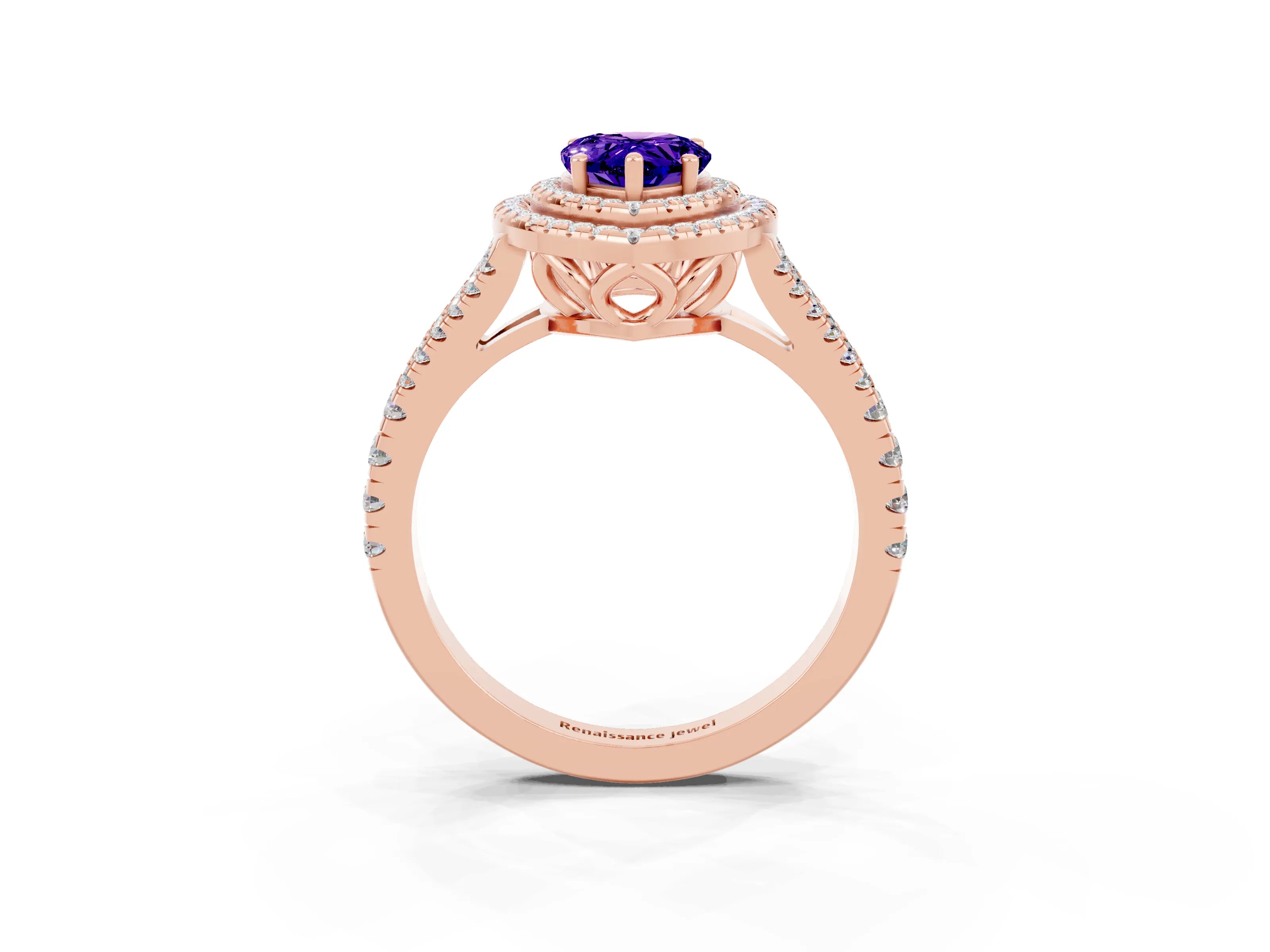 Rose gold Pear Cut Tanzanite Double Halo Ring with Pavé Band and Prong Setting_27