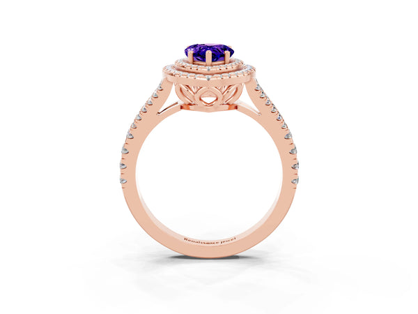 Rose gold Pear Cut Tanzanite Double Halo Ring with Pavé Band and Prong Setting