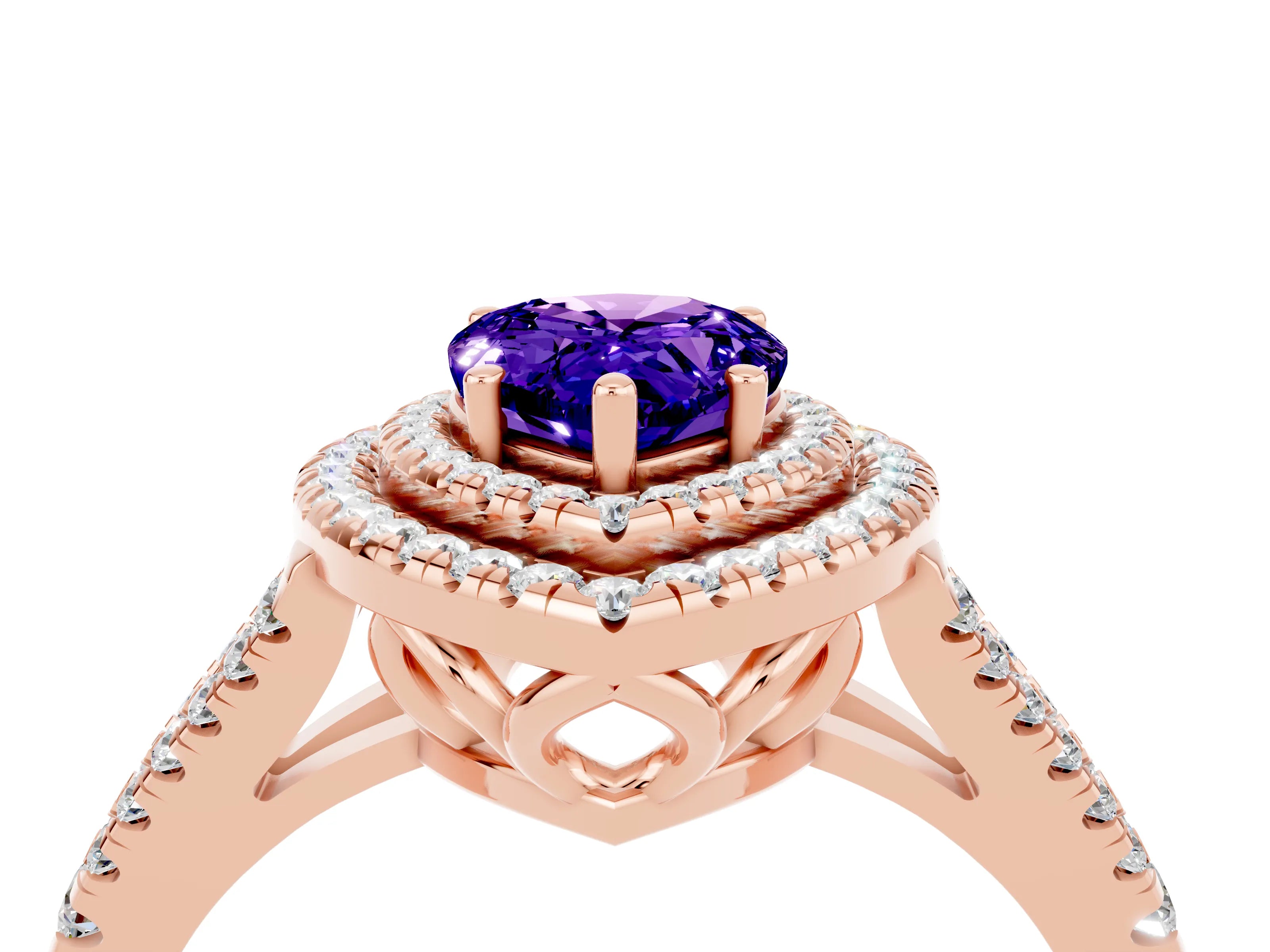 Rose gold Pear Cut Tanzanite Double Halo Ring with Pavé Band and Prong Setting_28