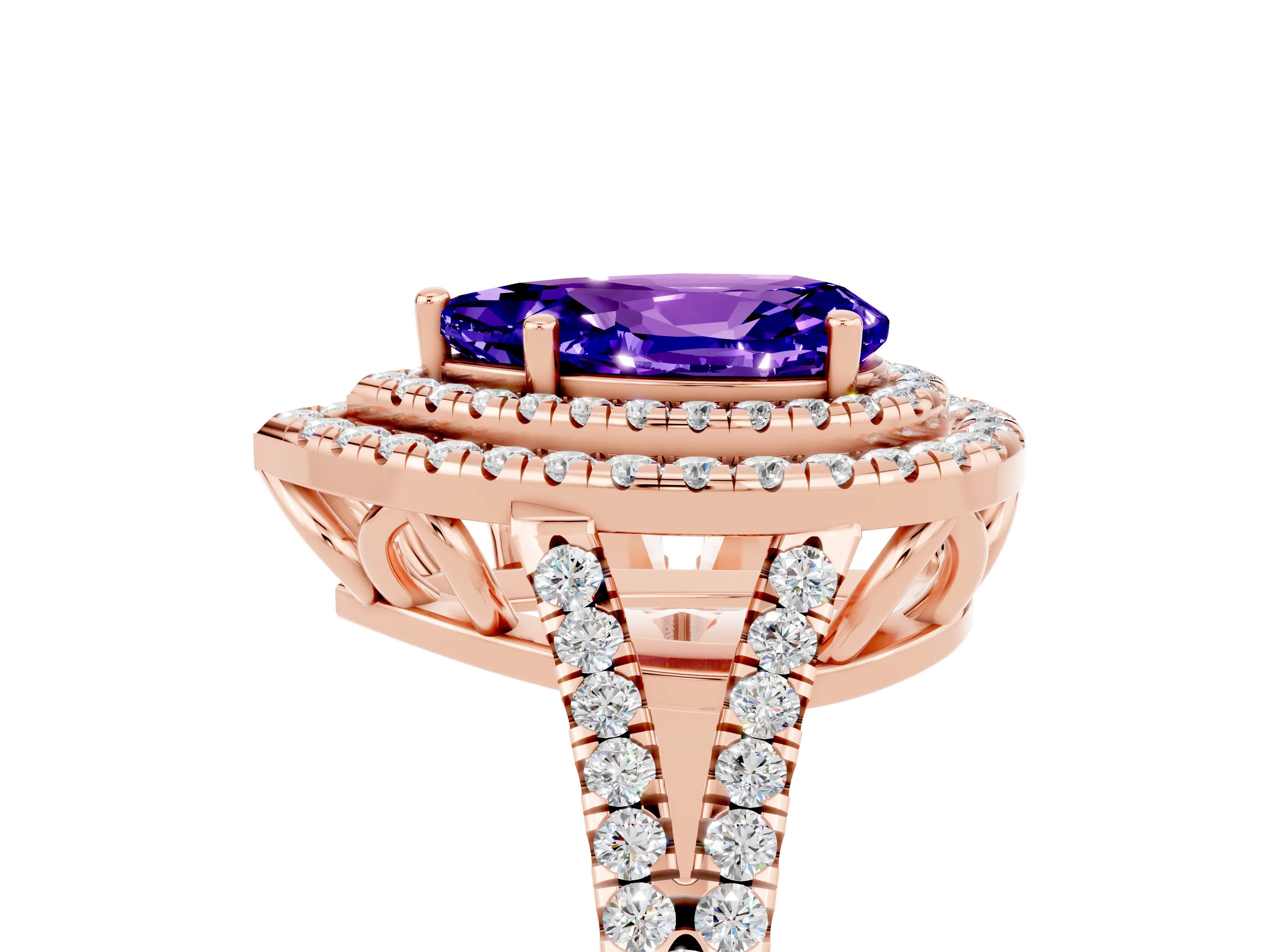 Rose gold Pear Cut Tanzanite Double Halo Ring with Pavé Band and Prong Setting_29