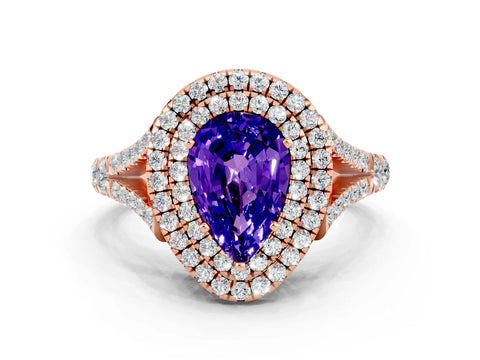 Rose gold Pear Cut Tanzanite Double Halo Ring with Split Shank and Prong Setting_12