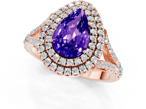 Rose gold Pear Cut Tanzanite Double Halo Ring with Split Shank and Prong Setting_13