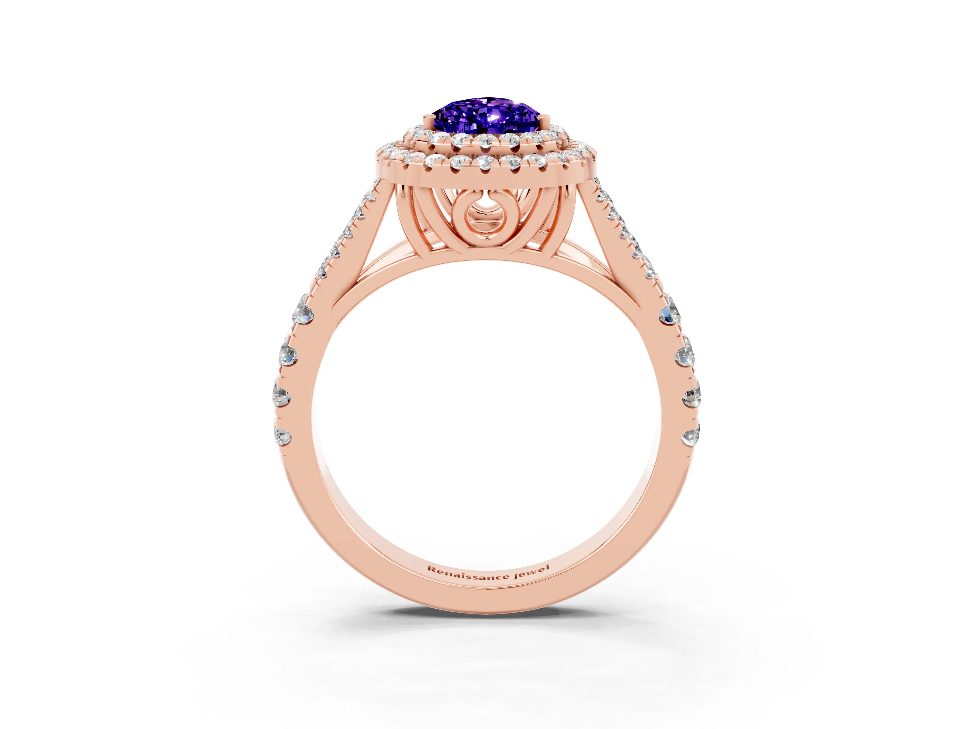 Rose gold Pear Cut Tanzanite Double Halo Ring with Split Shank and Prong Setting_15