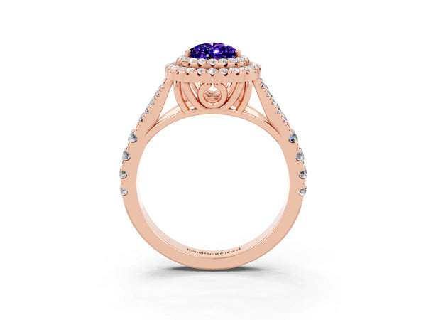 Rose gold Pear Cut Tanzanite Double Halo Ring with Split Shank and Prong Setting