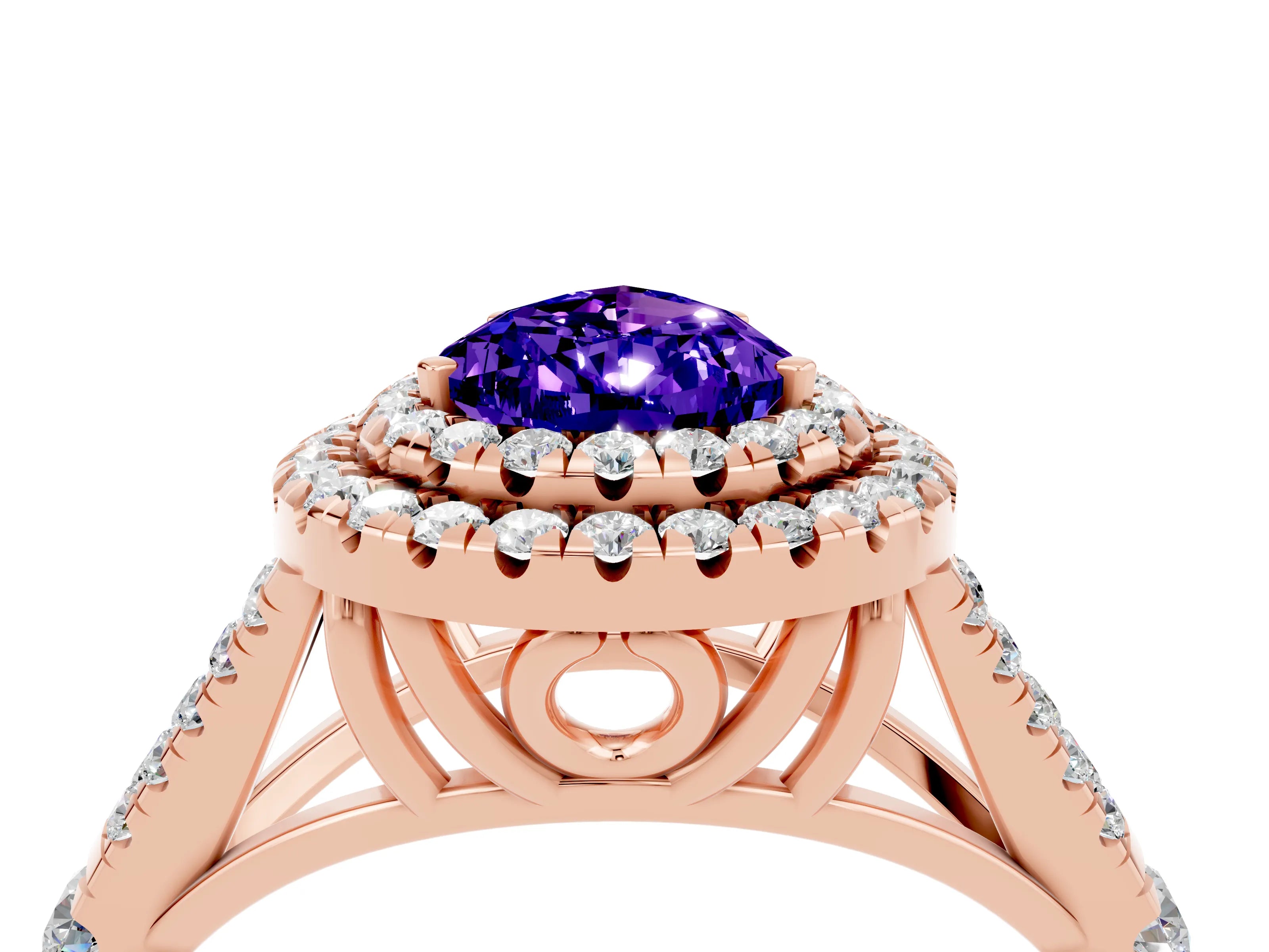 Rose gold Pear Cut Tanzanite Double Halo Ring with Split Shank and Prong Setting_16