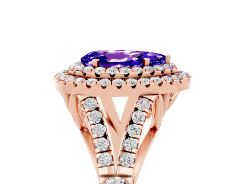 Rose gold Pear Cut Tanzanite Double Halo Ring with Split Shank and Prong Setting_17
