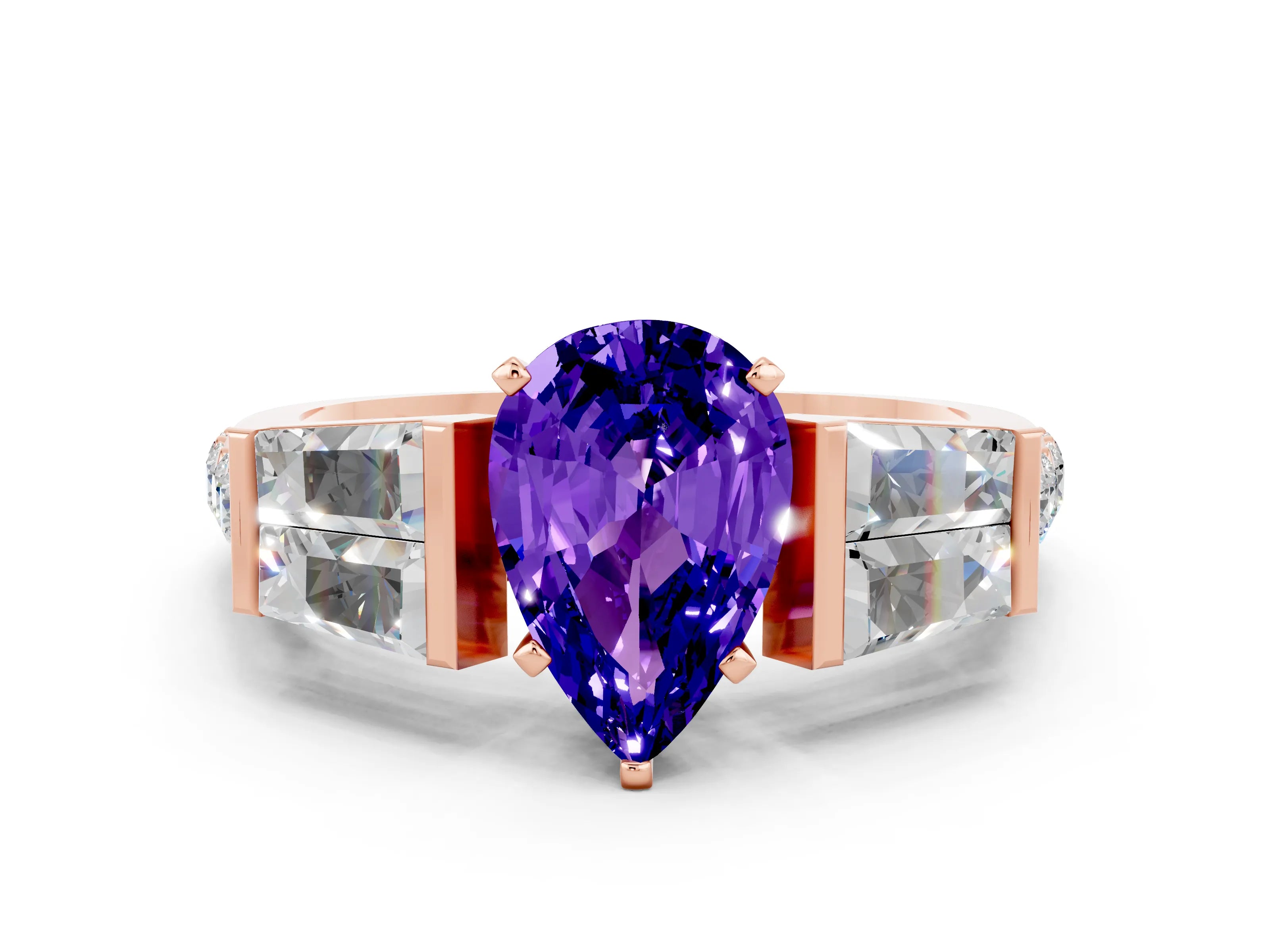 Rose gold Pear Cut Tanzanite Engagement Ring with Baguette Side Stones and Channel Set Band