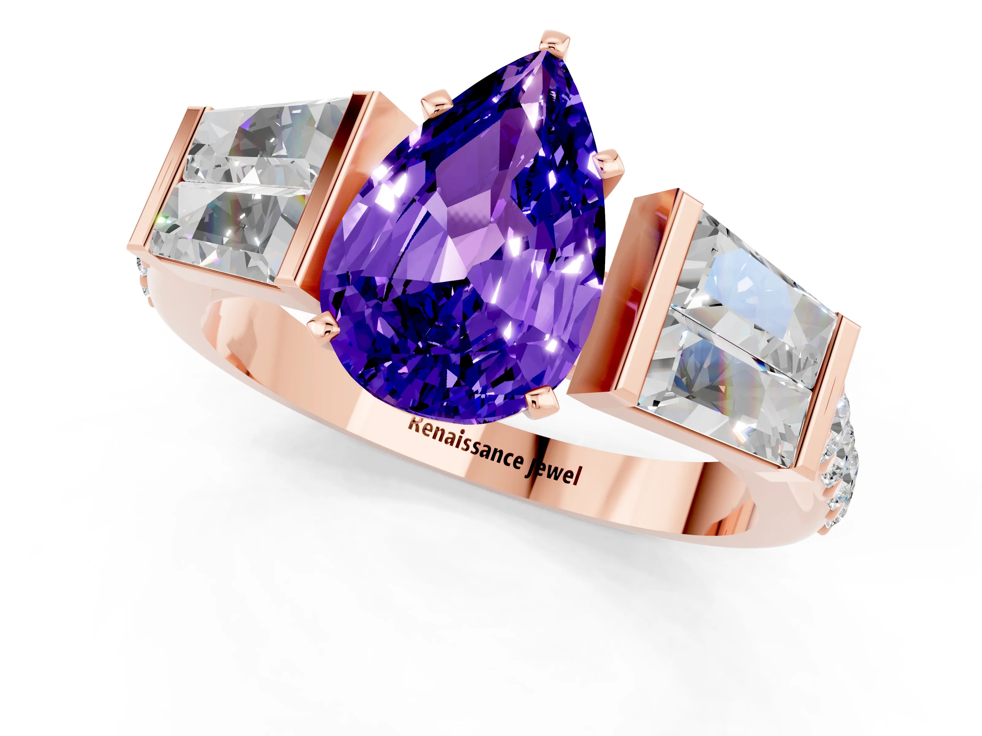 Rose gold Pear Cut Tanzanite Engagement Ring with Baguette Side Stones and Channel Set Band_1