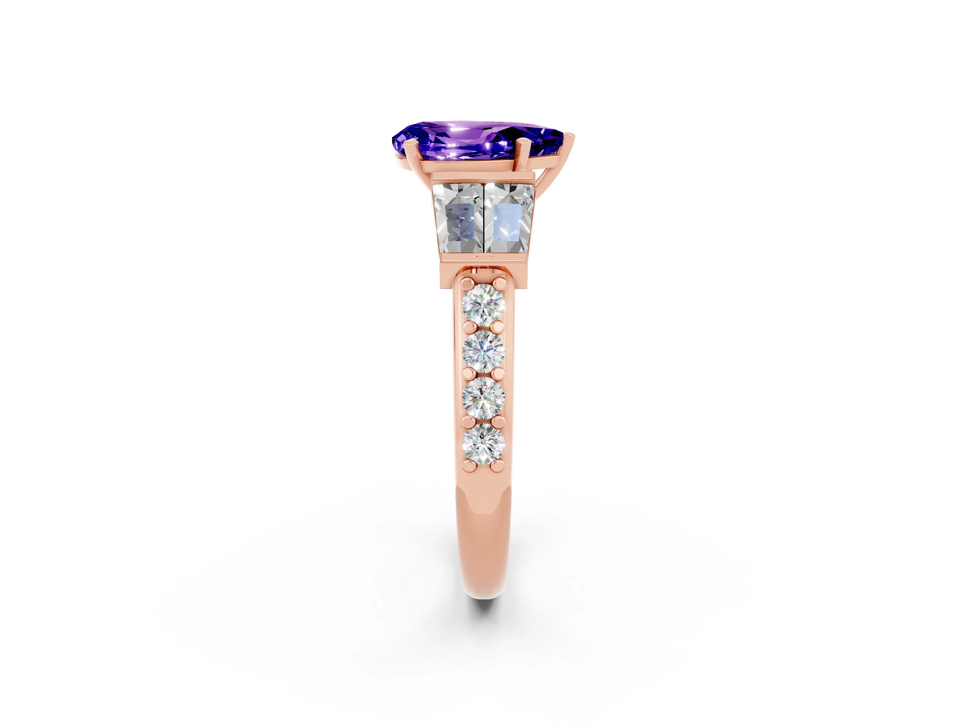 Rose gold Pear Cut Tanzanite Engagement Ring with Baguette Side Stones and Channel Set Band_2