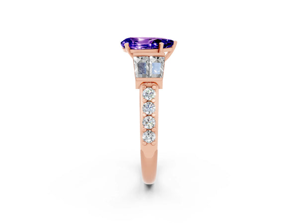 Rose gold Pear Cut Tanzanite Engagement Ring with Baguette Side Stones and Channel Set Band