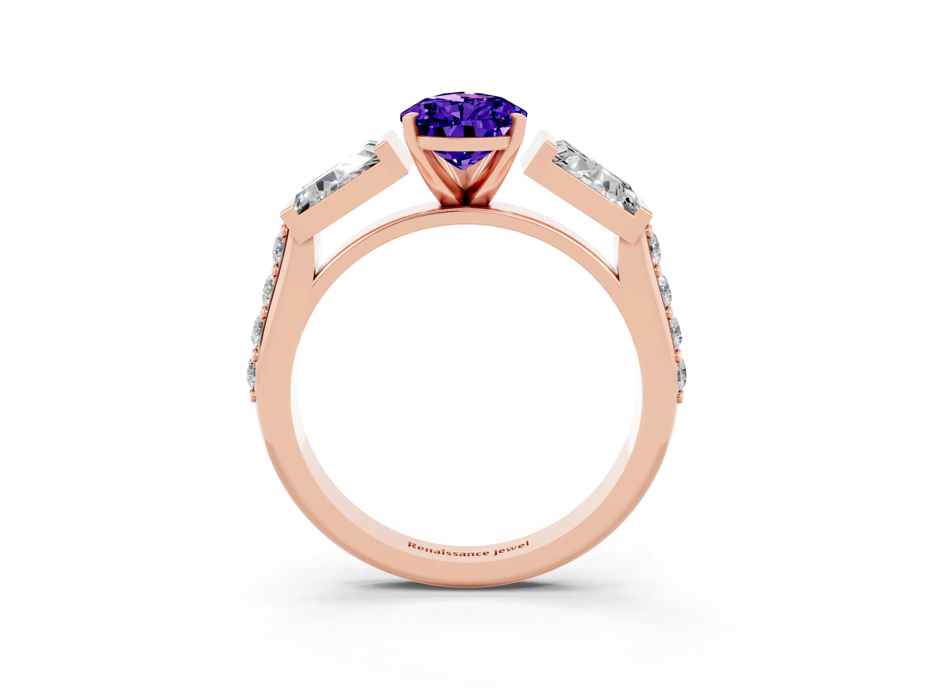 Rose gold Pear Cut Tanzanite Engagement Ring with Baguette Side Stones and Channel Set Band_3
