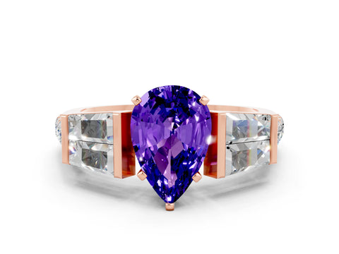 Rose gold Pear Cut Tanzanite Engagement Ring with Baguette Side Stones and Channel Set Band