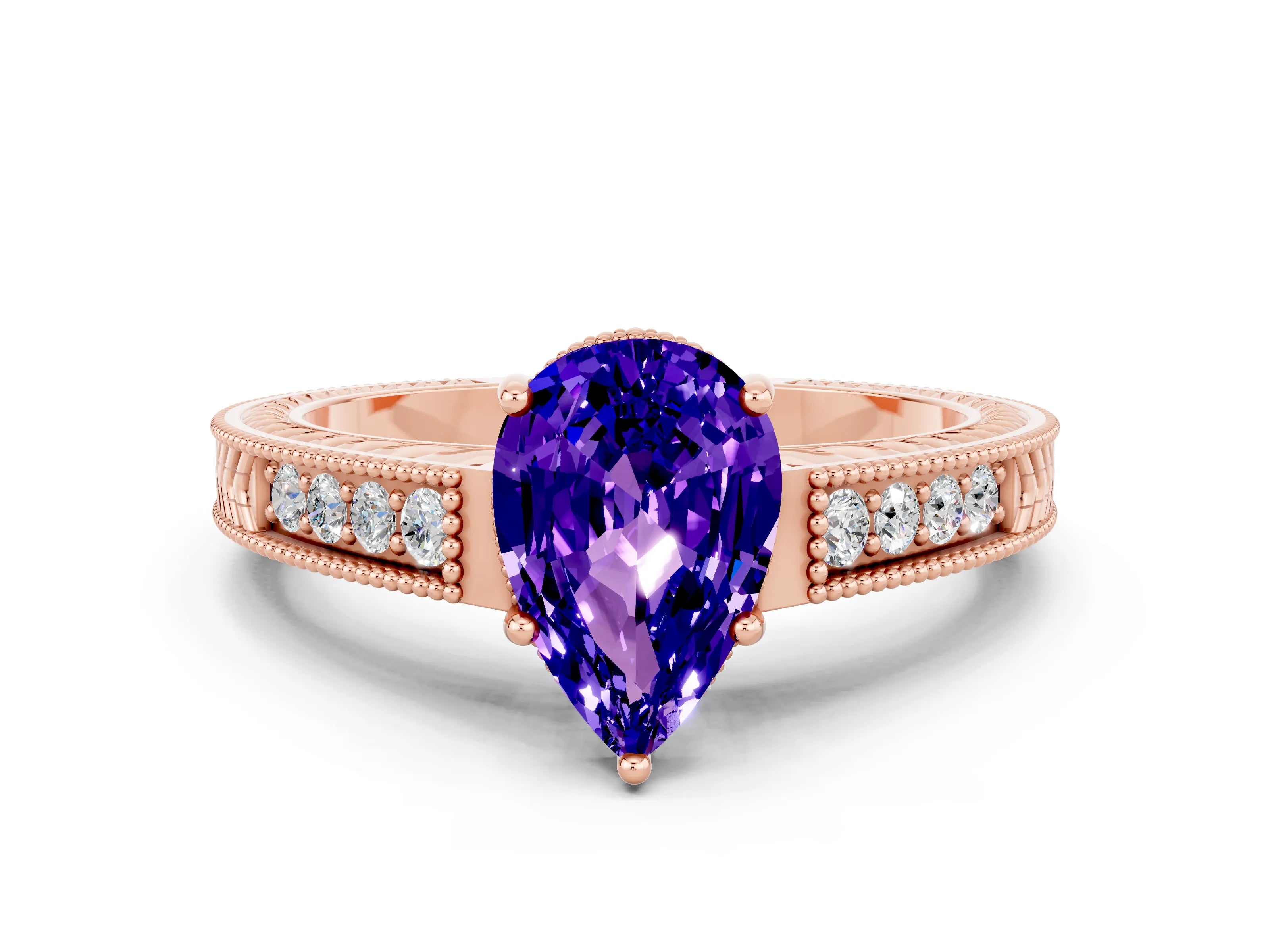 Rose gold Pear Cut Tanzanite Engagement Ring with Milgrain Channel Set Band and Prong Setting