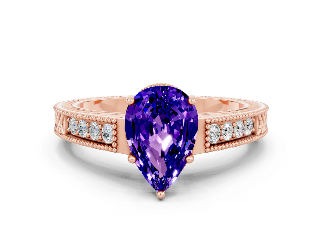 Rose gold Pear Cut Tanzanite Engagement Ring with Milgrain Channel Set Band and Prong Setting