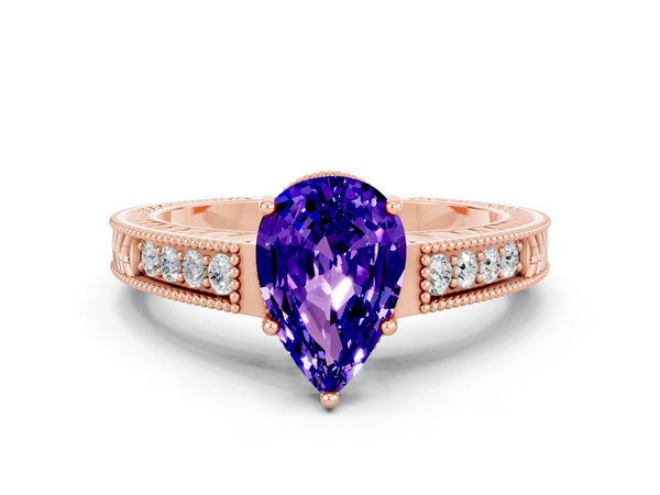 Rose gold Pear Cut Tanzanite Engagement Ring with Milgrain Channel Set Band and Prong Setting