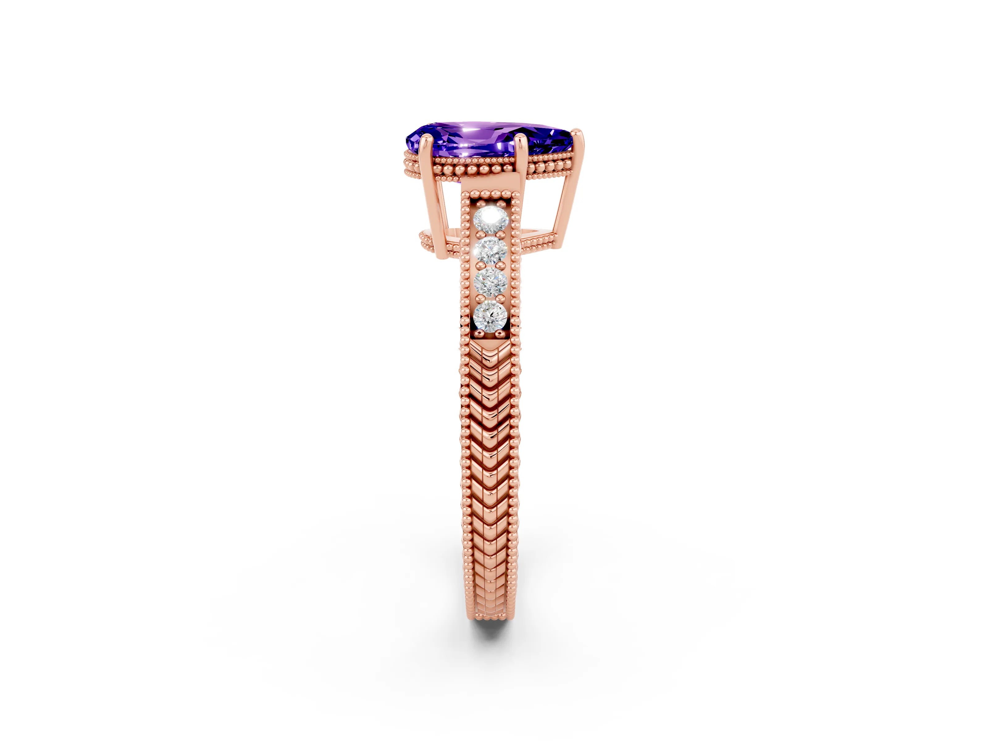 Rose gold Pear Cut Tanzanite Engagement Ring with Milgrain Channel Set Band and Prong Setting_2