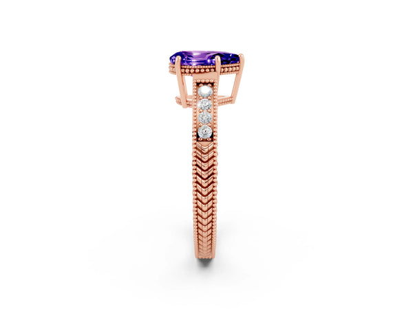 Rose gold Pear Cut Tanzanite Engagement Ring with Milgrain Channel Set Band and Prong Setting