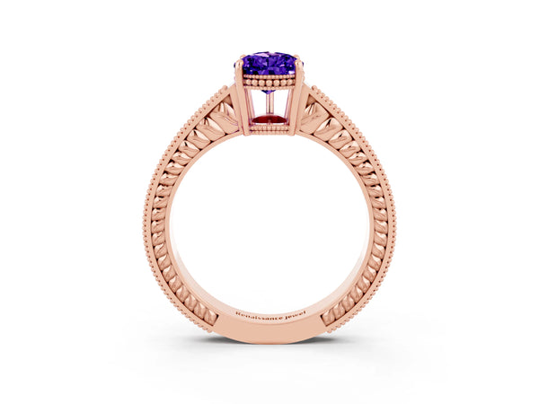 Rose gold Pear Cut Tanzanite Engagement Ring with Milgrain Channel Set Band and Prong Setting
